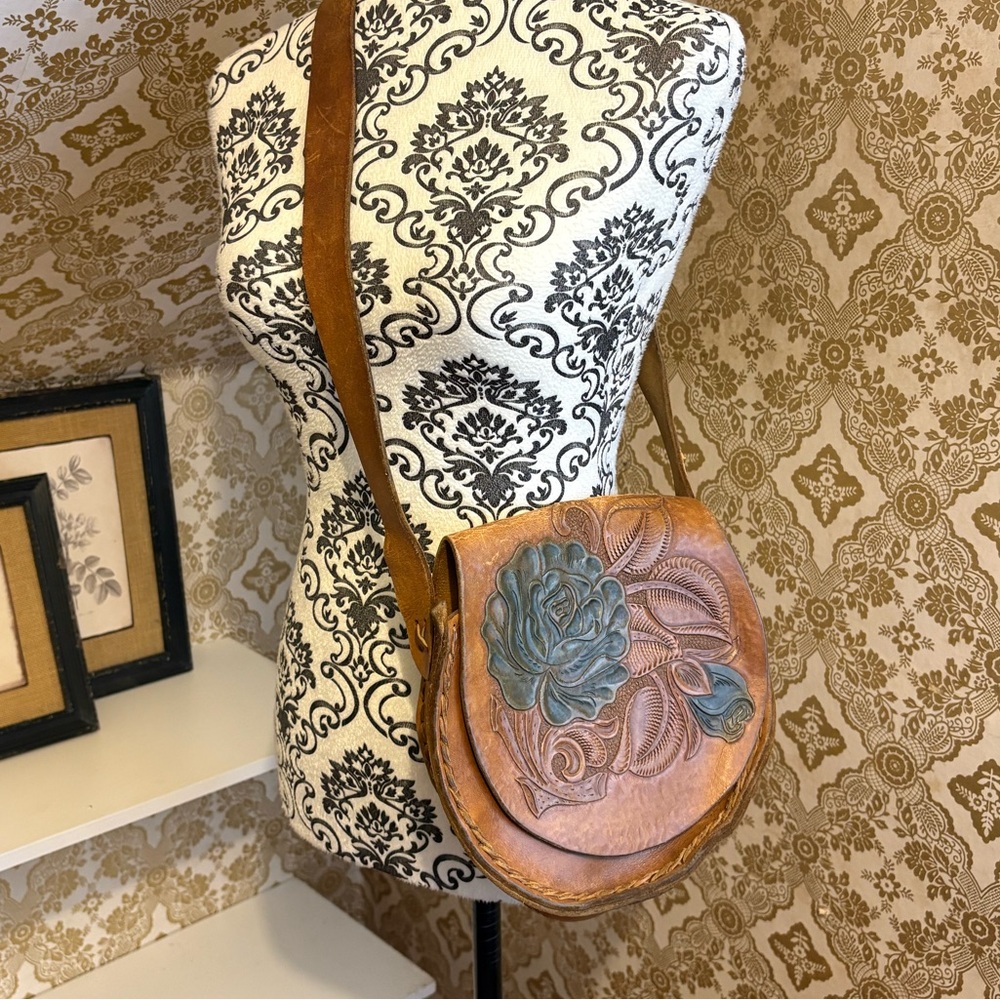 Vintage Tooled Leather Boho Crossbody Bag